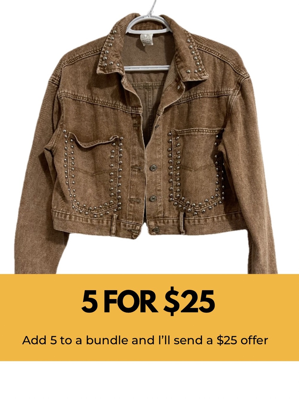 Studded Brown Cropped Denim Jacket - Women